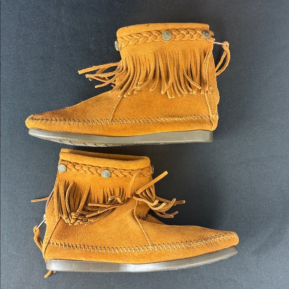 Minnetonka Fringed Brown Suede Leather High Top Ankle Boots Booties Bohemian - Picture 4 of 14